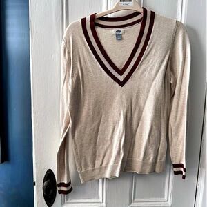 Old Navy Varsity Stripe V Neck Sweater Oatmeal Burgundy Trim Knit Size M